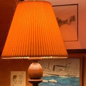 Vintage 1970s Statement Hanging Swag Light Works w Tan Linen Like Fabric Shade